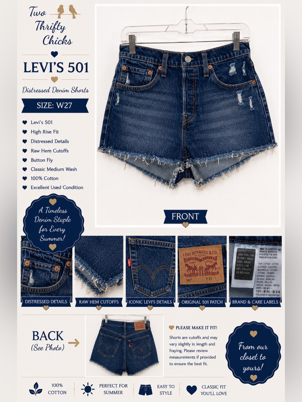 Levi's Dark Blue Distressed 501 High-Rise Jean Shorts W27 EUC